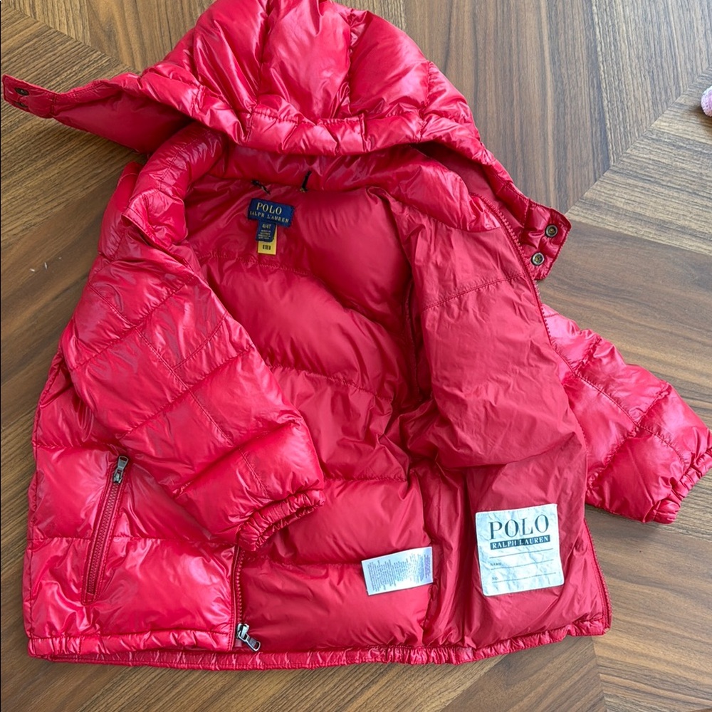Polo by Ralph Lauren Red Puffer Jacket with Hood and Quilted Design